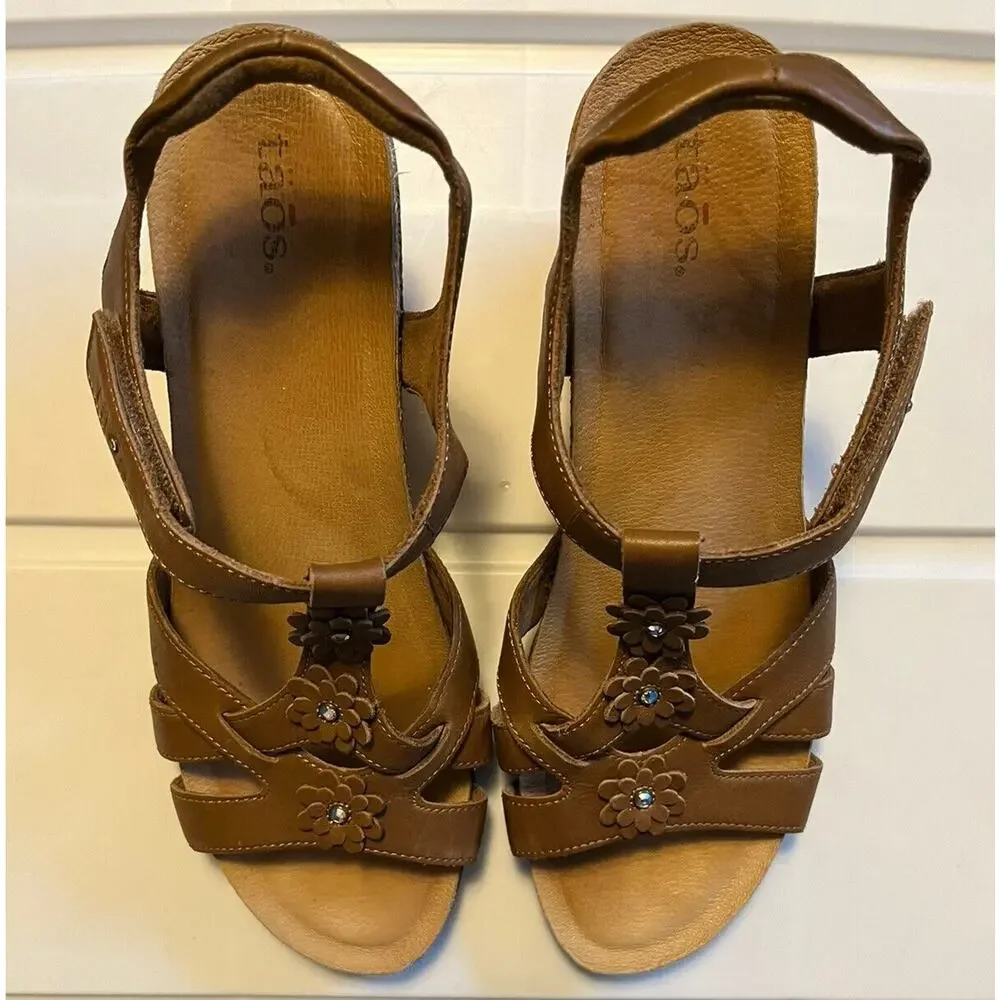 Taos Passion Flowers Leather Cork Wedge Sandals In Brown Womens Size 10 T-strap - Picture 4 of 14